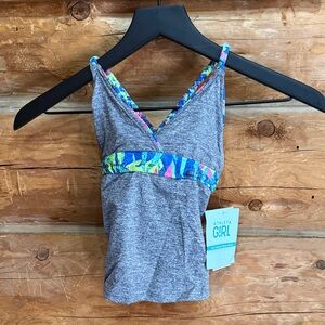 new with tag athleta Girl Gray Heather Tankini Top with Teal Accent